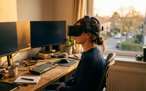 Fotorealistische Aufnahme von VR-Kopfband am Schreibtisch zum Thema Kiwi Design Comfort Head, warmes Abendlicht - Foto: THN