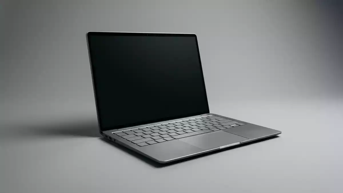 Fotorealistische Studioansicht von Laptop in neutraler Produktdarstellung, neutral