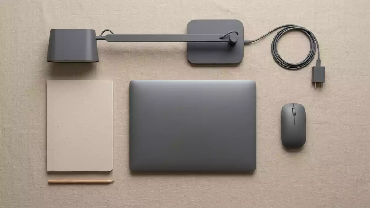 Flatlay-Arrangement rund um Laptop mit passenden Requisiten von oben, neutral