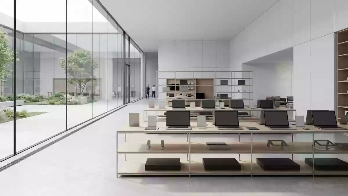 Architektur-Render im Computerladen mit Laptop im Ausstellungsbereich, neutral