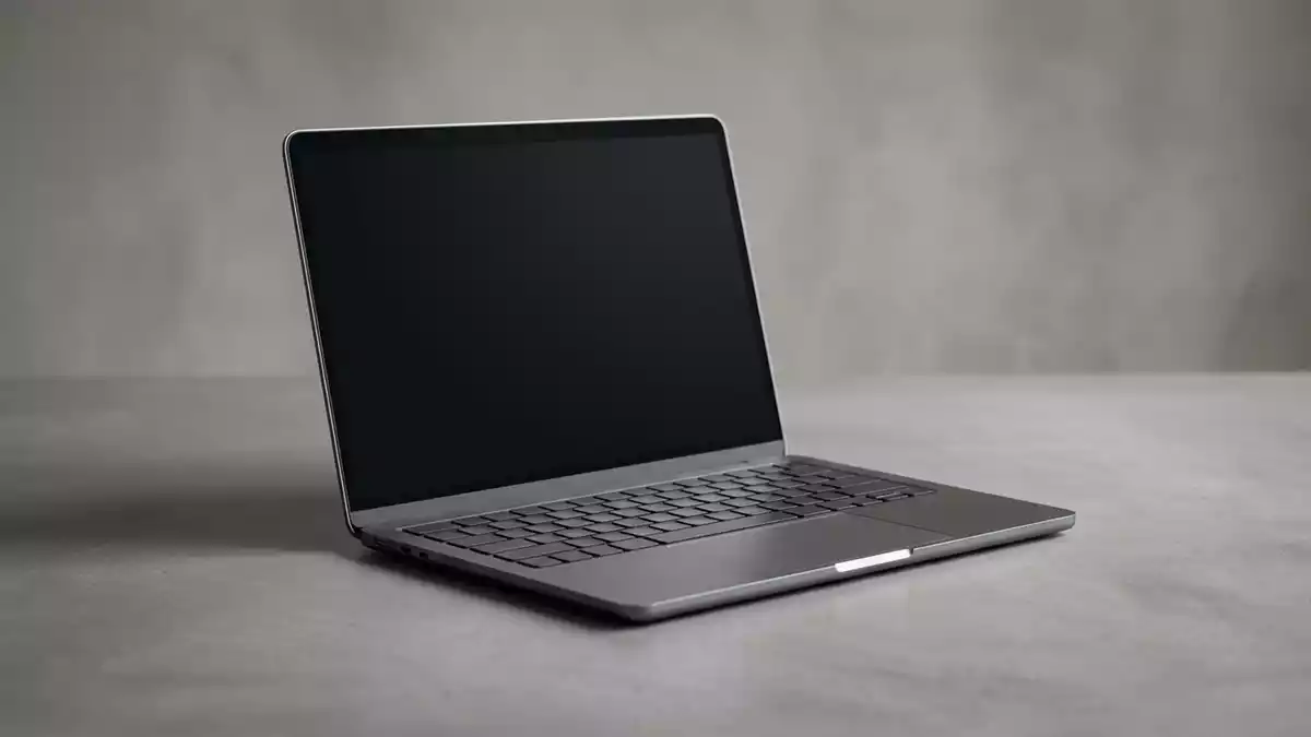 Fotorealistische Studioansicht von Laptop in neutraler Produktdarstellung, neutral