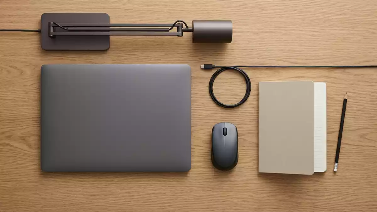 Flatlay-Arrangement rund um Laptop mit passenden Requisiten von oben, neutral