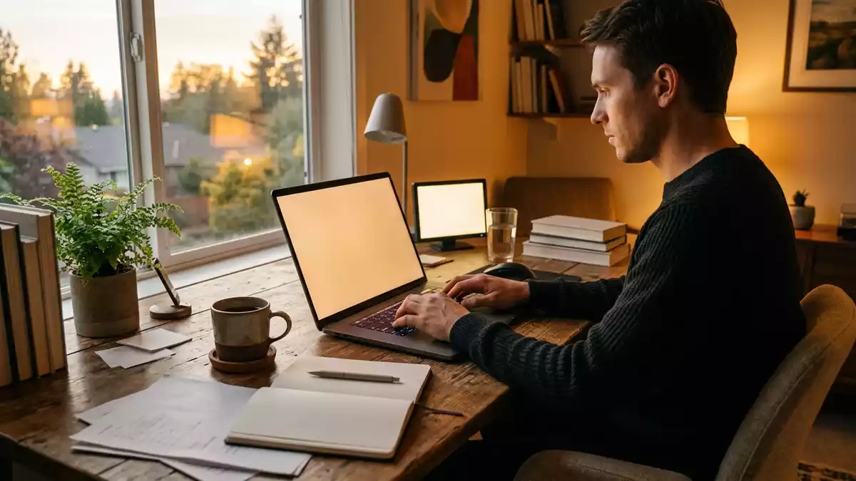 Fotorealistische Ansicht von Laptop am Schreibtisch in warmem Abendlicht, neutral
