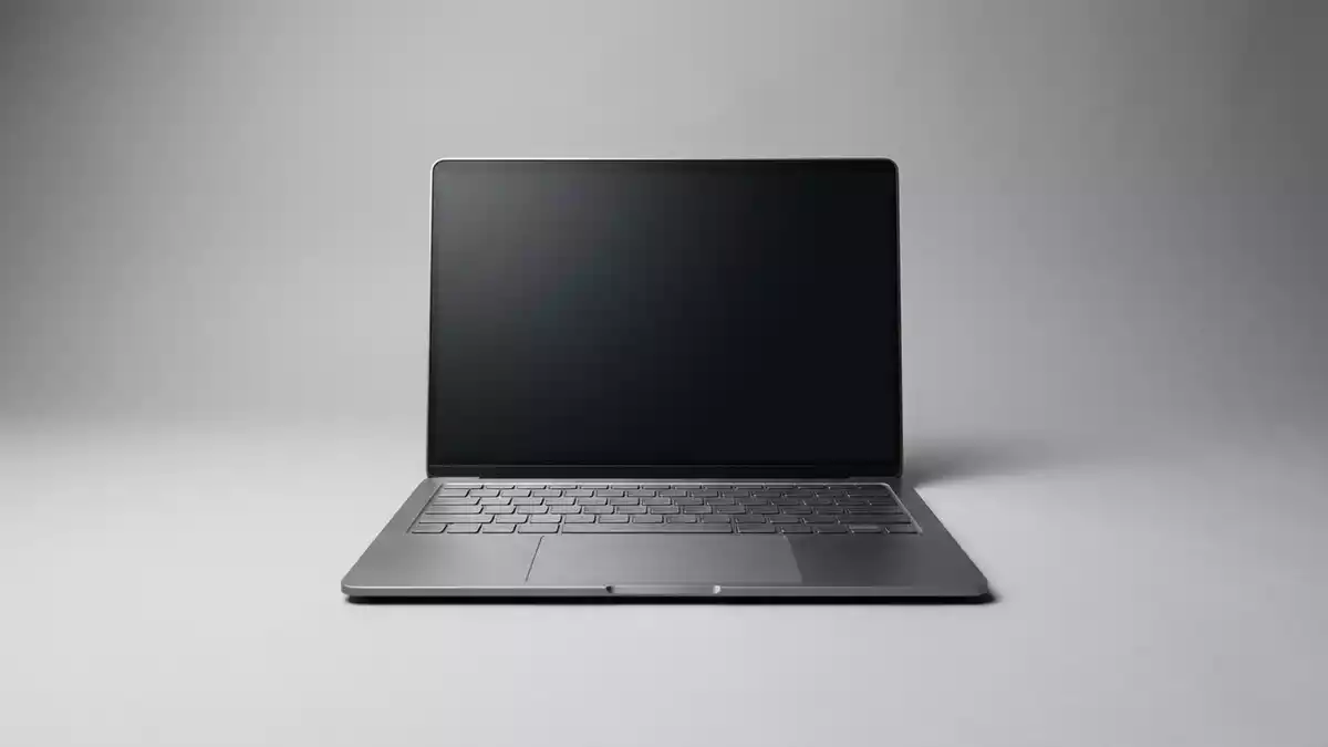 Fotorealistische Studioansicht von Laptop in neutraler Produktdarstellung, neutral