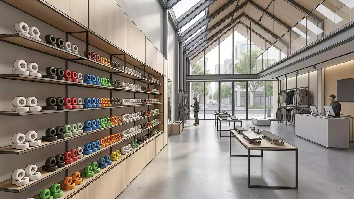 Architektur-Render im Skateshop mit Skateboardrollen im Ausstellungsbereich, neutral