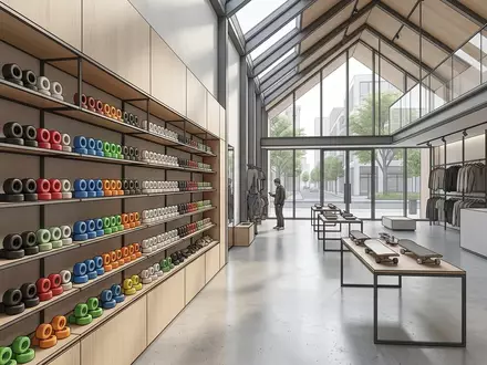 Architektur-Render im Skateshop mit Skateboardrollen zum Thema Spitfire Formula Four 99D, neutrales Tageslicht - Foto: THN