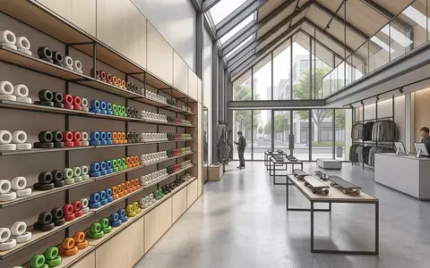 Architektur-Render im Skateshop mit Skateboardrollen zum Thema Spitfire Formula Four 99D, neutrales Tageslicht - Foto: THN
