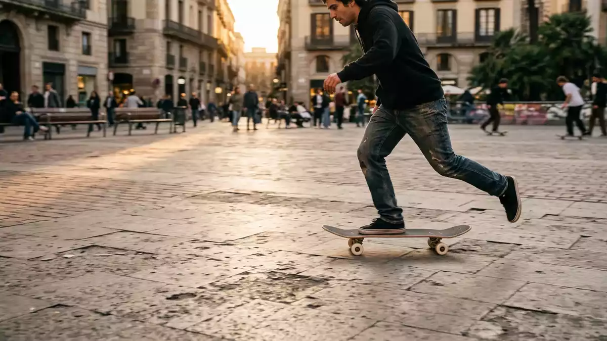 Fotorealistische Ansicht von Skateboardrollen auf dem Platz in warmem Abendlicht