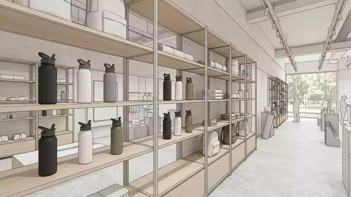 Architektur-Render im Sportgeschaeft mit Trinkflasche im Ausstellungsbereich, neutral