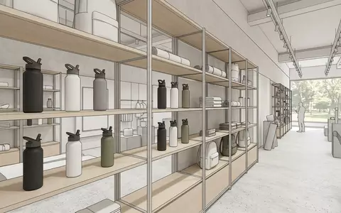 Architektur-Render im Sportgeschaeft mit Trinkflasche zum Thema Stanley IceFlow Flip Straw, neutrales Tageslicht - Foto: THN