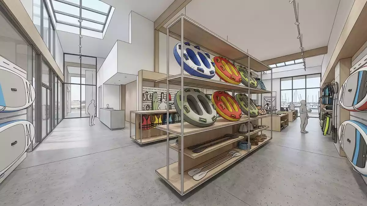 Architektur-Render im Wassersportladen mit Schleppreifen im Ausstellungsbereich
