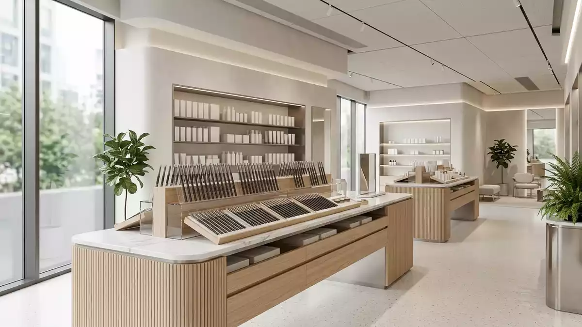 Architektur-Render im Kosmetikgeschaeft mit Augenbrauenstift im Ausstellungsbereich