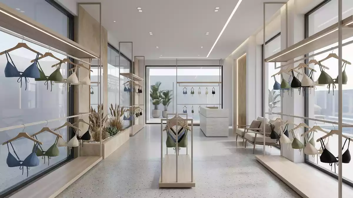 Architektur-Render im Bademodegeschaeft mit Bikinioberteil im Ausstellungsbereich