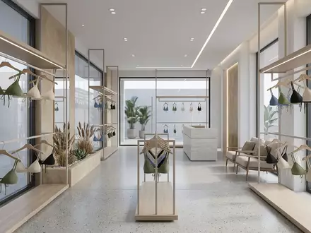 Architektur-Render im Bademodegeschaeft mit Bikinioberteil zum Thema Seafolly Damen Triangel-Bikini-Top Active, neutrales Tageslicht - Foto: THN