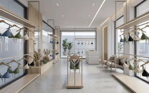 Architektur-Render im Bademodegeschaeft mit Bikinioberteil zum Thema Seafolly Damen Triangel-Bikini-Top Active, neutrales Tageslicht - Foto: THN