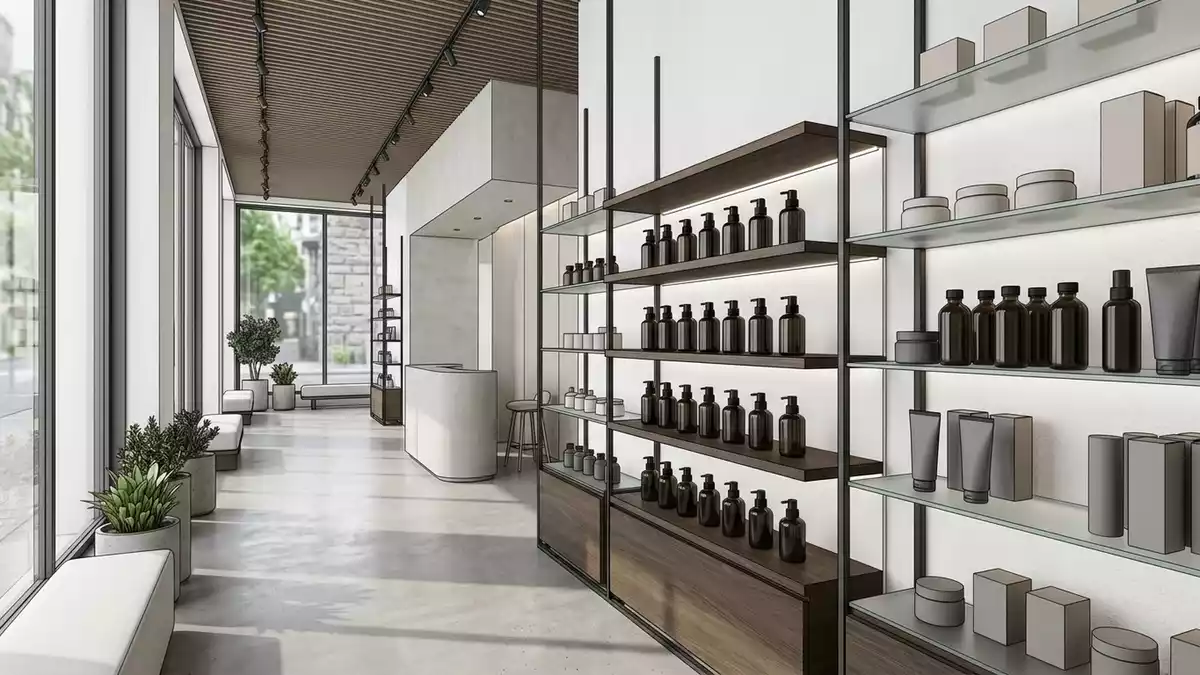 Architektur-Render im Parfuemerie mit Eau de Parfum im Ausstellungsbereich, neutral