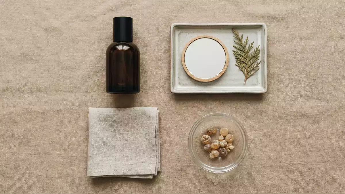 Flatlay-Arrangement rund um Eau de Parfum mit passenden Requisiten von oben, neutral