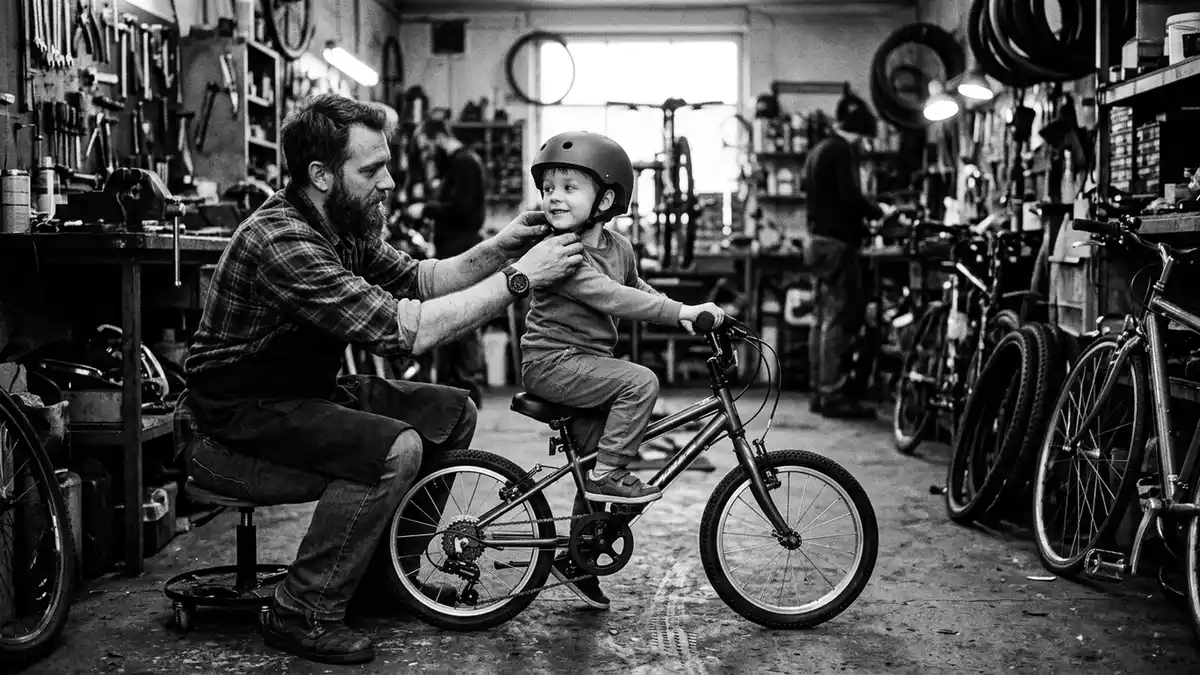 Schwarzweiss-Reportagebild mit Kinderfahrrad in dokumentarischer Arbeitsumgebung