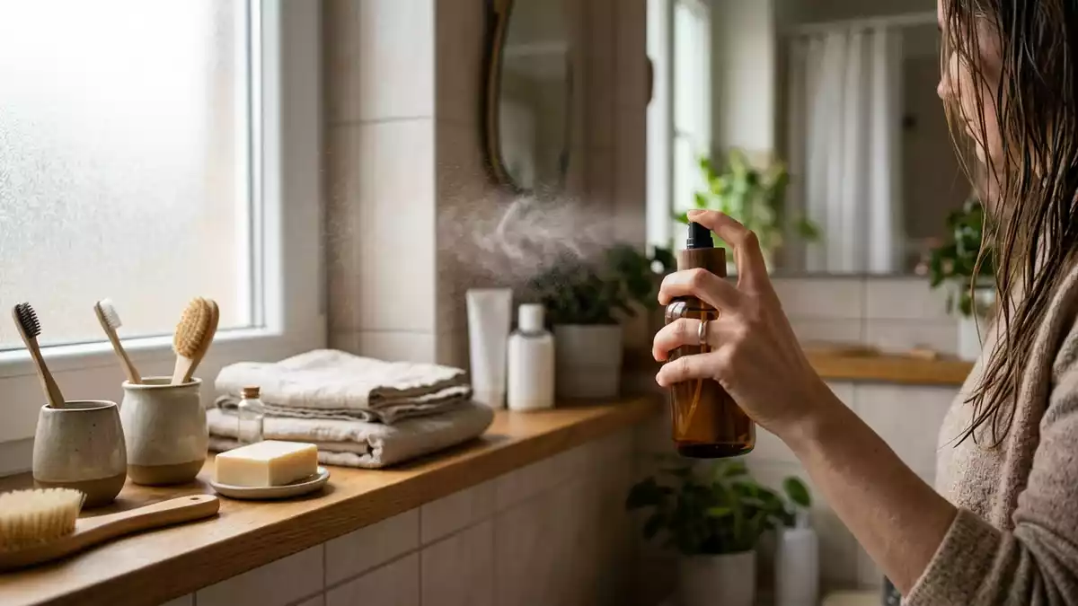 Fotorealistische Ansicht von Eau de Toilette im Badezimmer in realer Umgebung, neutral