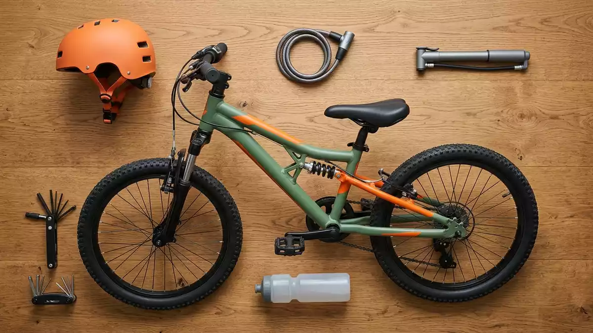 Flatlay-Arrangement rund um Kinder-Mountainbike mit passenden Requisiten von oben