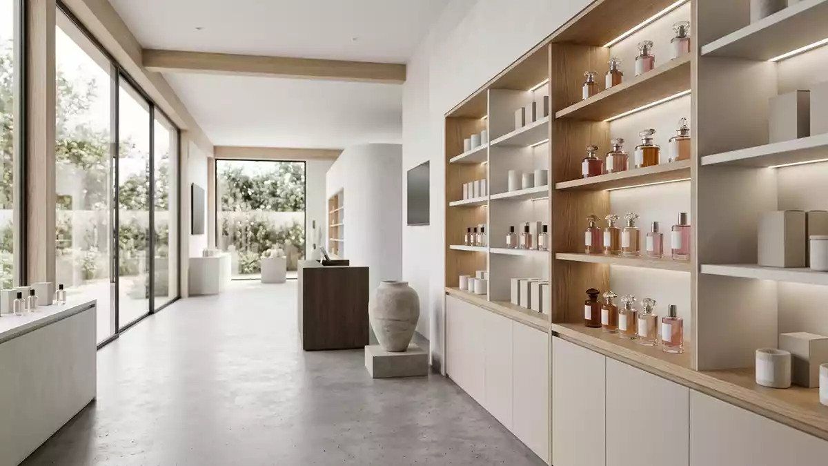 Architektur-Render im Parfuemerie mit Eau de Parfum im Ausstellungsbereich, neutral