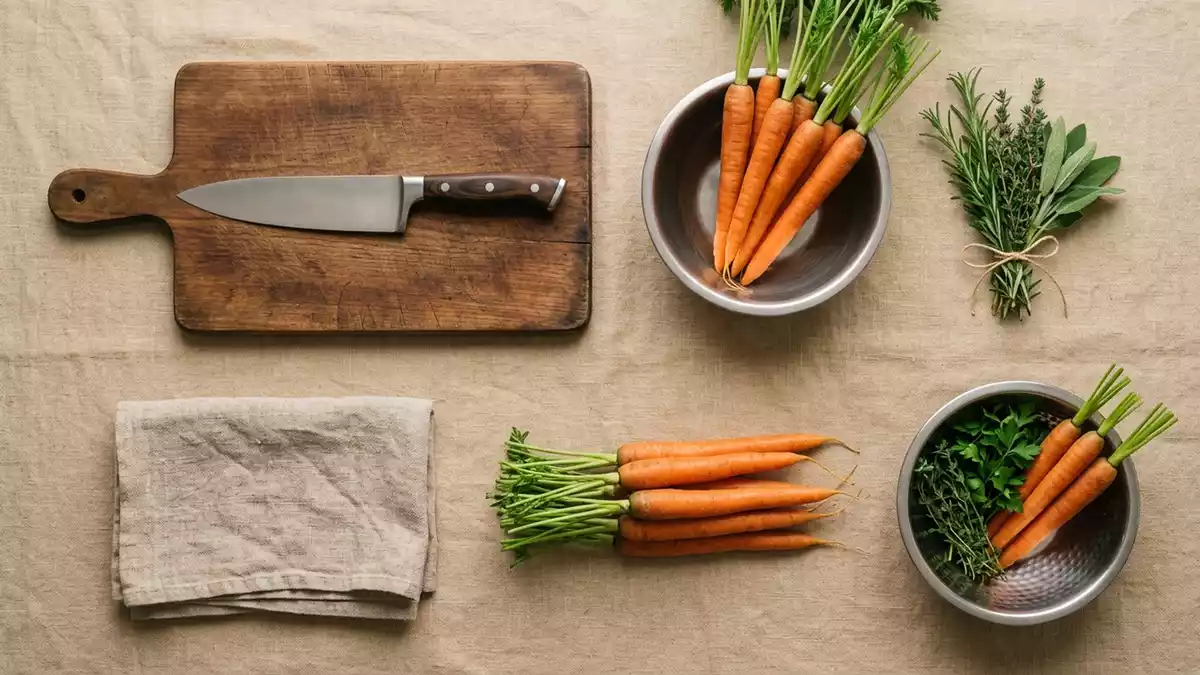 Flatlay-Arrangement rund um Kochmesser mit passenden Requisiten von oben, neutral