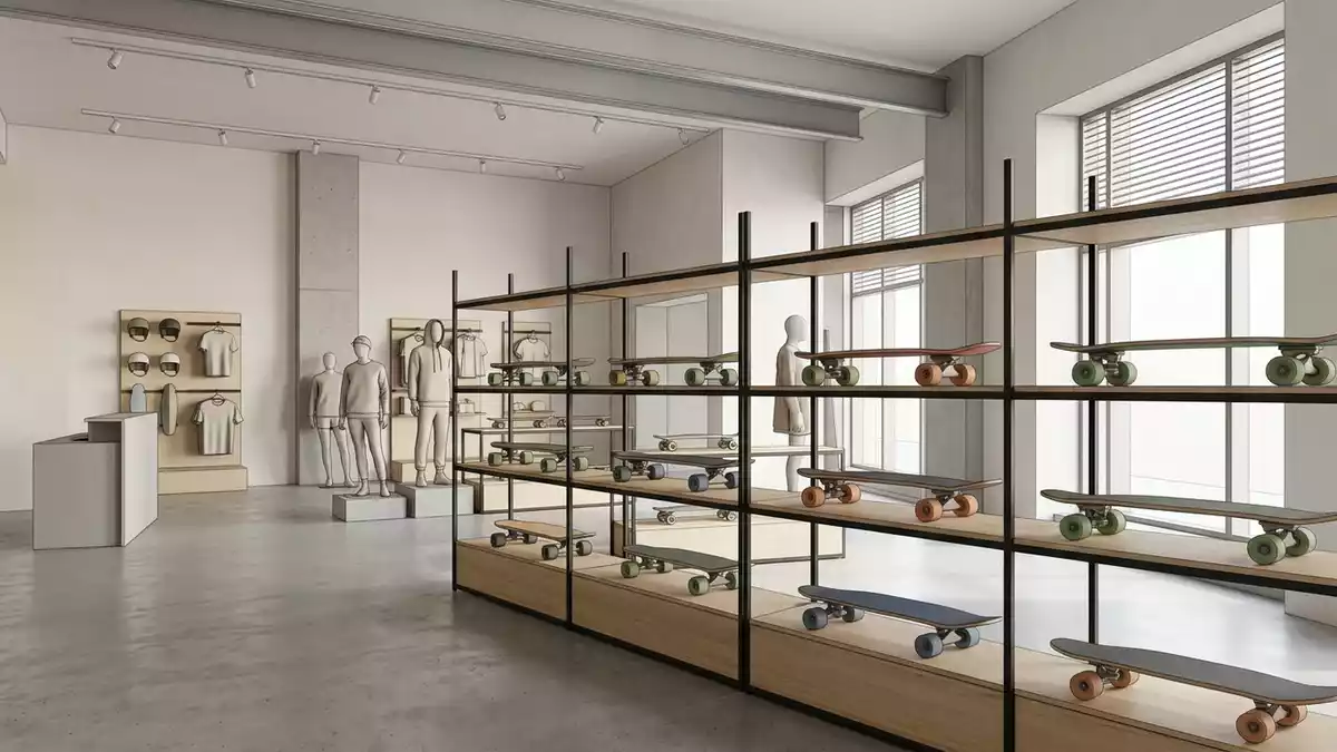 Architektur-Render im Boardsportgeschaeft mit Cruiserboard im Ausstellungsbereich