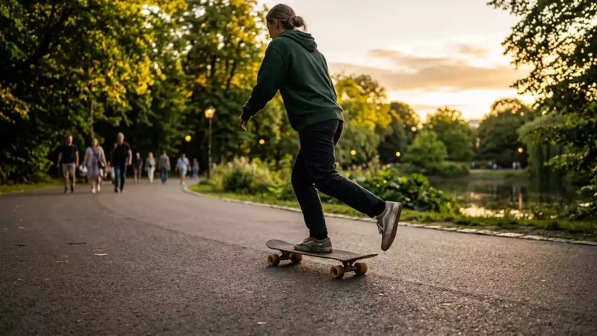 Fotorealistische Ansicht von Cruiserboard im Park in warmem Abendlicht, neutral