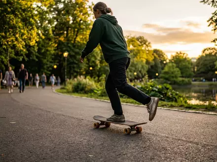 Fotorealistische Aufnahme von Cruiserboard im Park zum Thema Globe Bantam Cruiserboard 26, warmes Abendlicht - Foto: THN