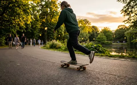 Fotorealistische Aufnahme von Cruiserboard im Park zum Thema Globe Bantam Cruiserboard 26, warmes Abendlicht - Foto: THN