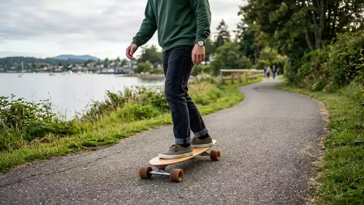 Fotorealistische Ansicht von Longboard am Uferweg in realer Umgebung, neutral