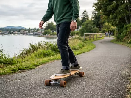Fotorealistische Aufnahme von Longboard am Uferweg zum Thema Globe Big Blazer 32, natuerliches Licht - Foto: THN