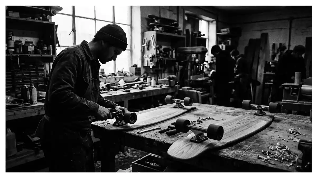 Schwarzweiss-Reportagebild mit Longboard in dokumentarischer Arbeitsumgebung, neutral