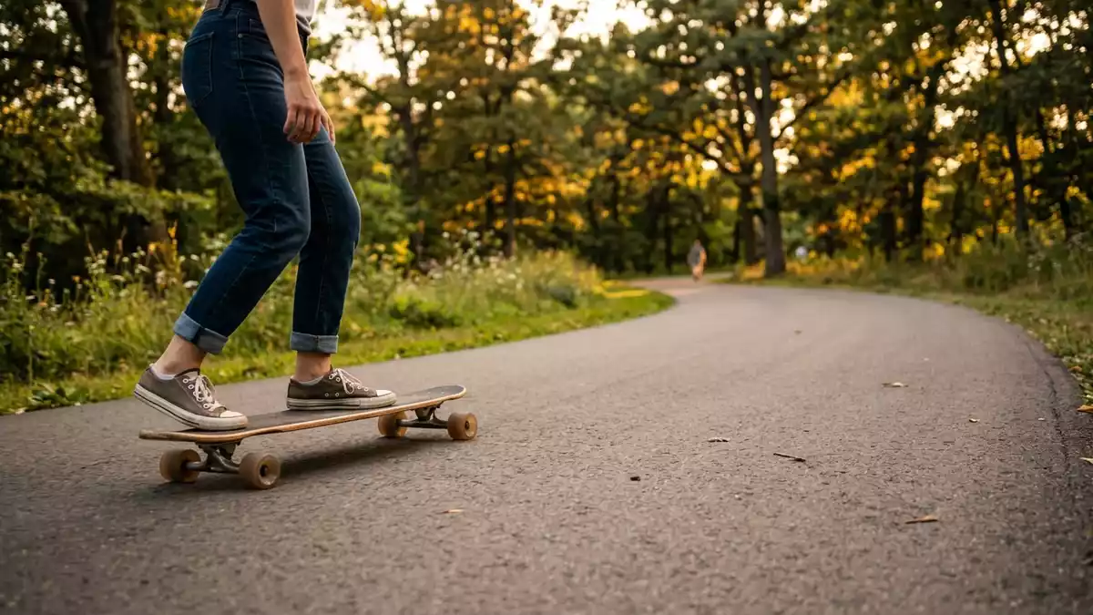 Fotorealistische Ansicht von Longboard im Park in warmem Abendlicht, neutral