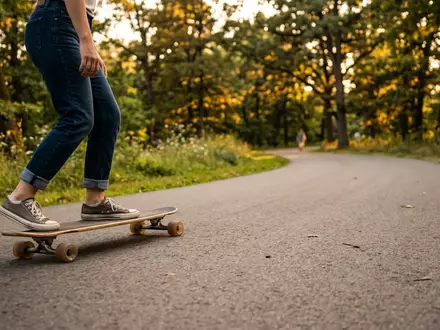 Fotorealistische Aufnahme von Longboard im Park zum Thema Globe Big Blazer 32, warmes Abendlicht - Foto: THN