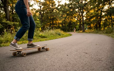 Fotorealistische Aufnahme von Longboard im Park zum Thema Globe Big Blazer 32, warmes Abendlicht - Foto: THN