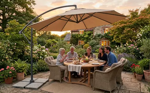 Fotorealistische Aufnahme von Ampelschirm im Garten zum Thema Glatz Ampelschirm ALU-SMART EASY, warmes Abendlicht - Foto: THN