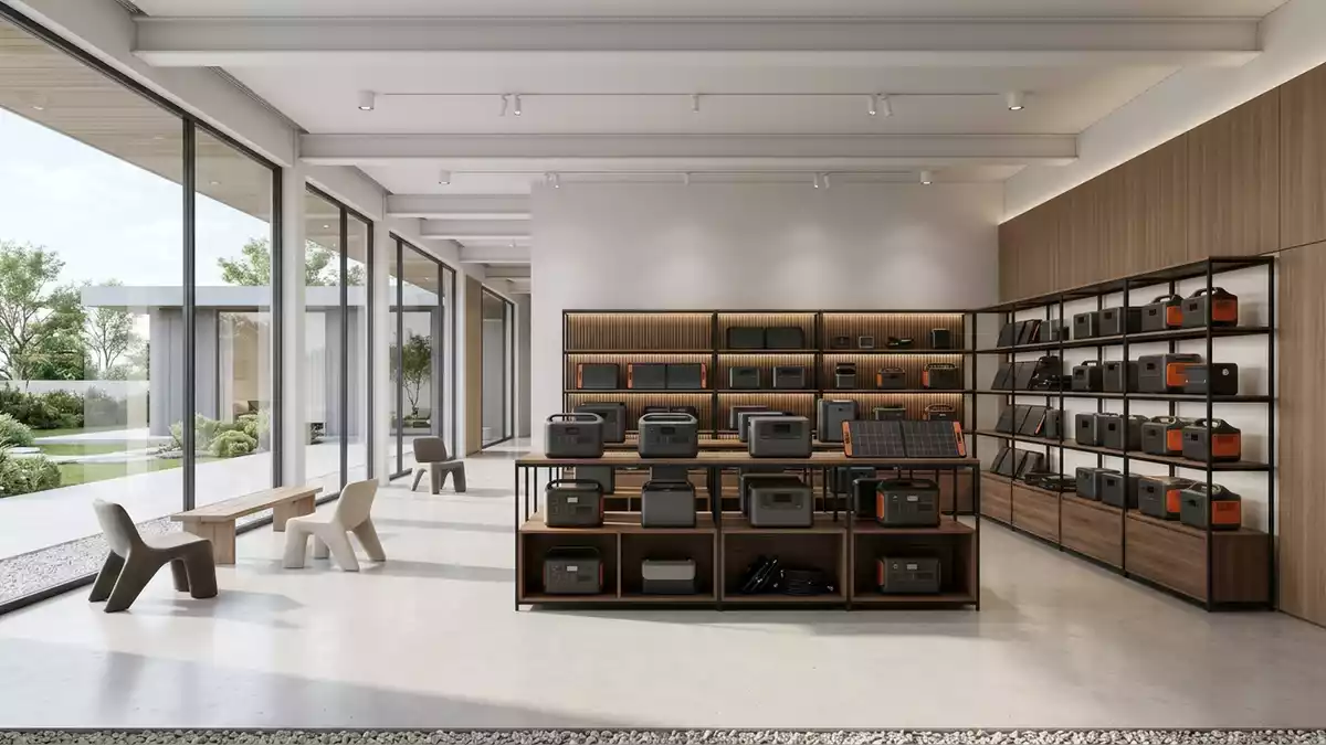 Architektur-Render im Elektronikgeschaeft mit Powerstation im Ausstellungsbereich