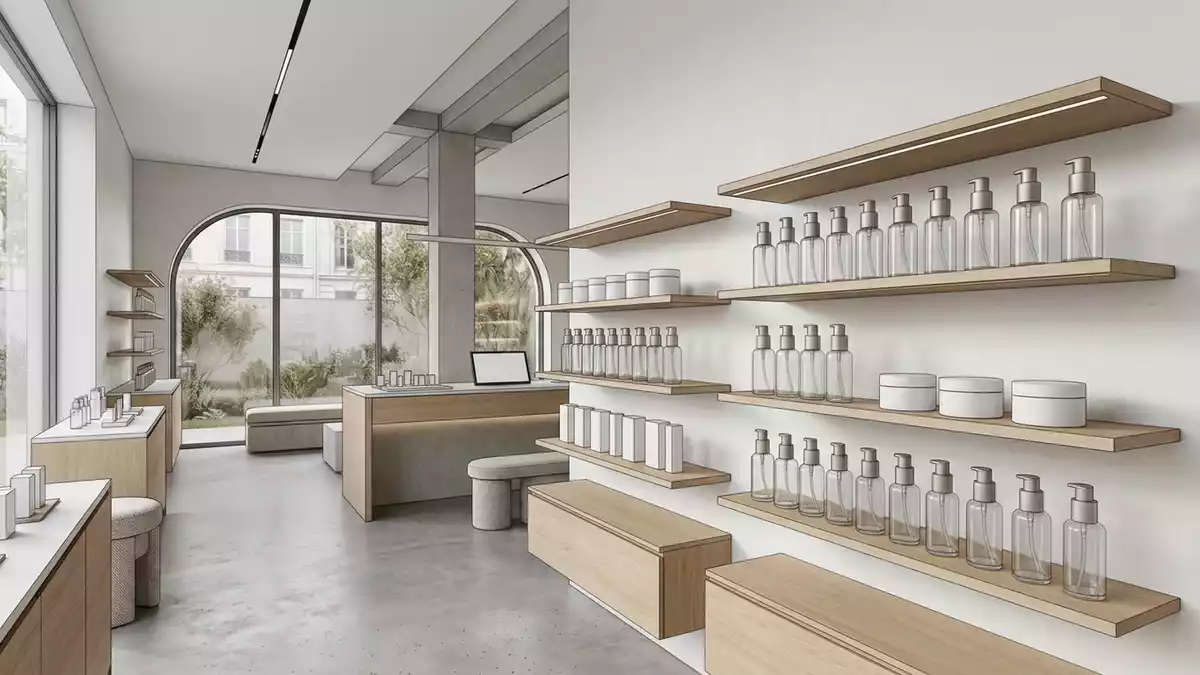 Architektur-Render im Kosmetikgeschaeft mit Make-up-Grundierung im Ausstellungsbereich