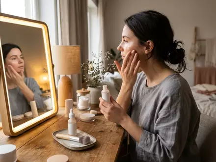 Fotorealistische Aufnahme von Teintfluessigkeit am Schminktisch zum Thema e.l.f. Halo Glow Liquid, natuerliches Licht - Foto: THN