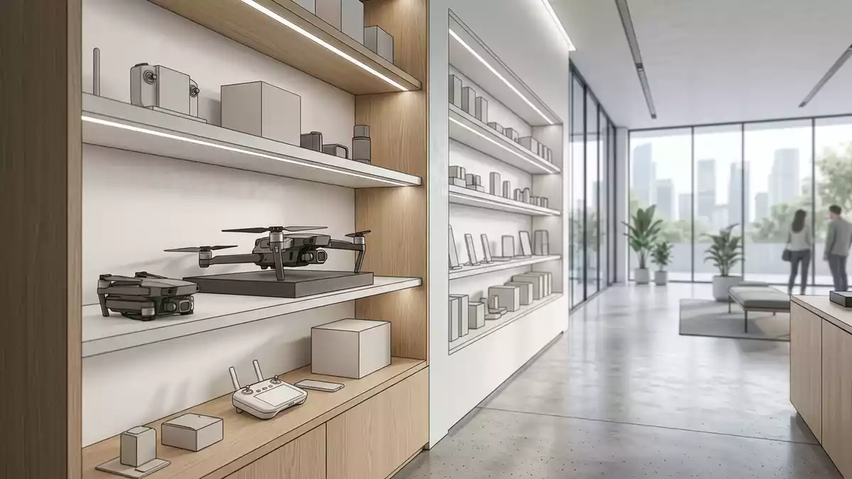 Architektur-Render im Elektronikgeschaeft mit Kameradrohne im Ausstellungsbereich