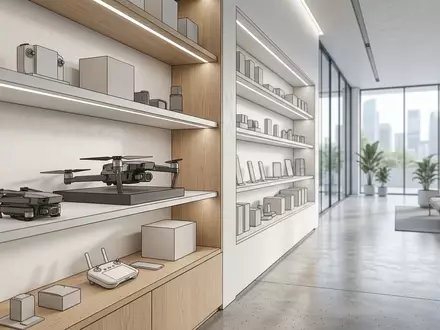 Architektur-Render im Elektronikgeschaeft mit Kameradrohne zum Thema Eachine E520S, neutrales Tageslicht, sachlich dargestellt - Foto: THN