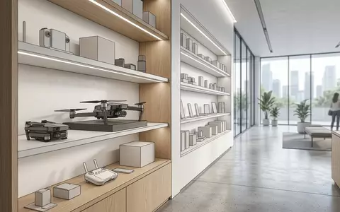Architektur-Render im Elektronikgeschaeft mit Kameradrohne zum Thema Eachine E520S, neutrales Tageslicht, sachlich dargestellt - Foto: THN