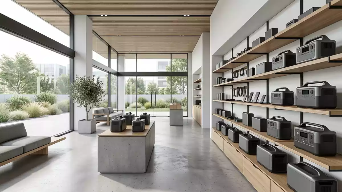 Architektur-Render im Elektronikgeschaeft mit Powerstation im Ausstellungsbereich