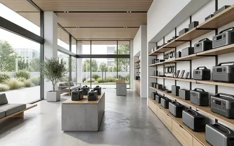 Architektur-Render im Elektronikgeschaeft mit Powerstation zum Thema EcoFlow DELTA 2 Powerstation, neutrales Tageslicht - Foto: THN