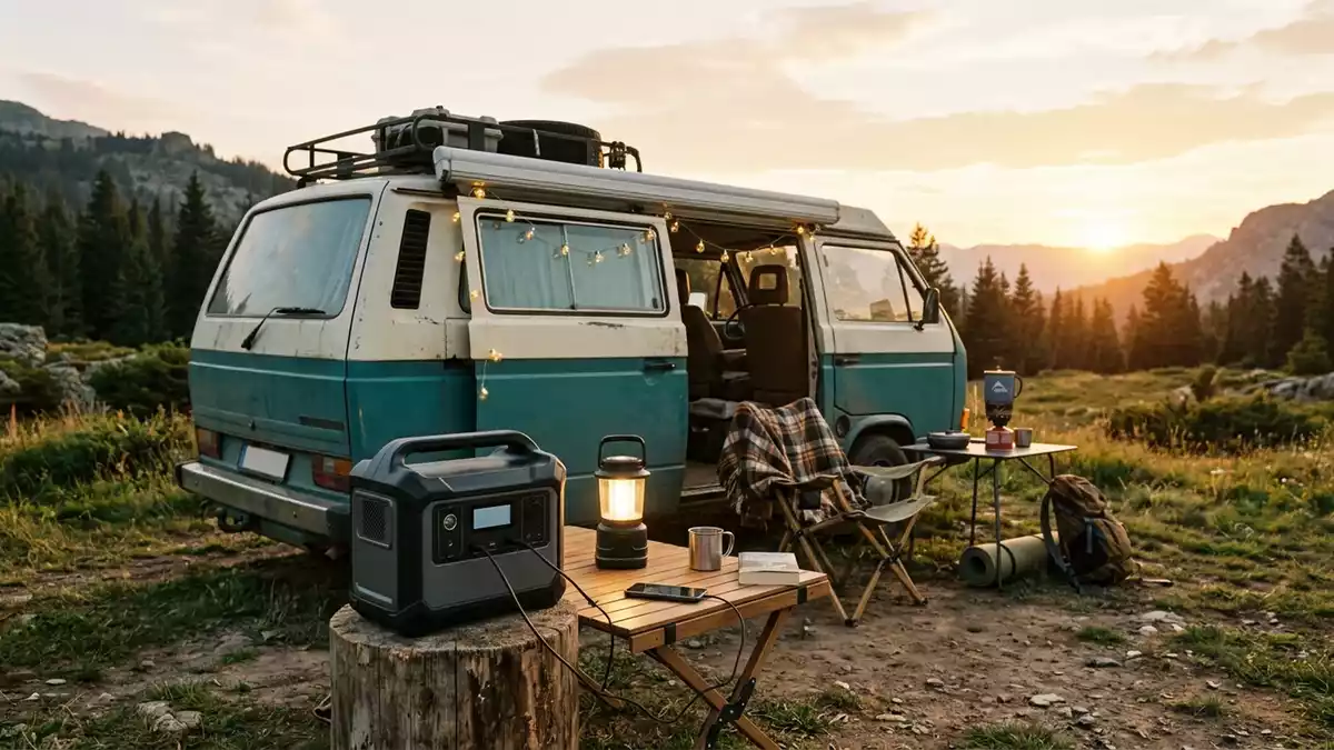 Fotorealistische Ansicht von Powerstation am Wohnmobil in warmem Abendlicht, neutral