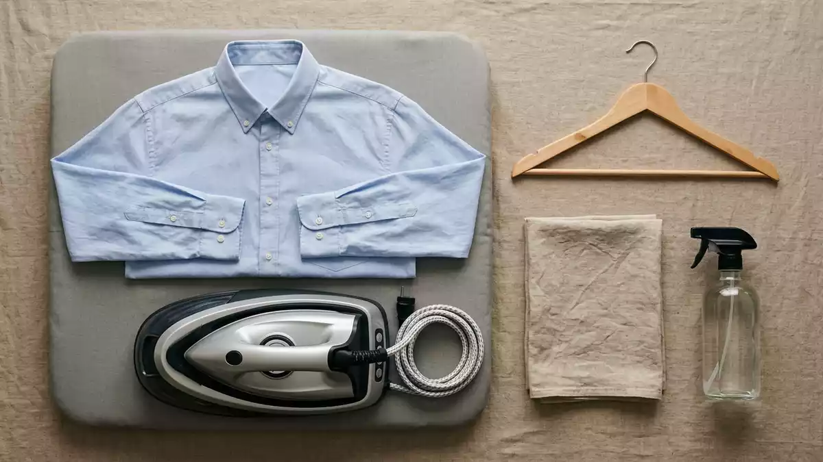 Flatlay-Arrangement rund um Buegelstation mit passenden Requisiten von oben, neutral