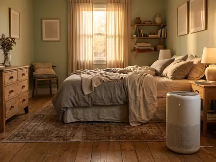Fotorealistische Aufnahme von Raumreiniger im Schlafzimmer zum Thema Rowenta PU6080 Intense Pure, warmes Abendlicht - Foto: THN