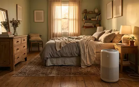Fotorealistische Aufnahme von Raumreiniger im Schlafzimmer zum Thema Rowenta PU6080 Intense Pure, warmes Abendlicht - Foto: THN