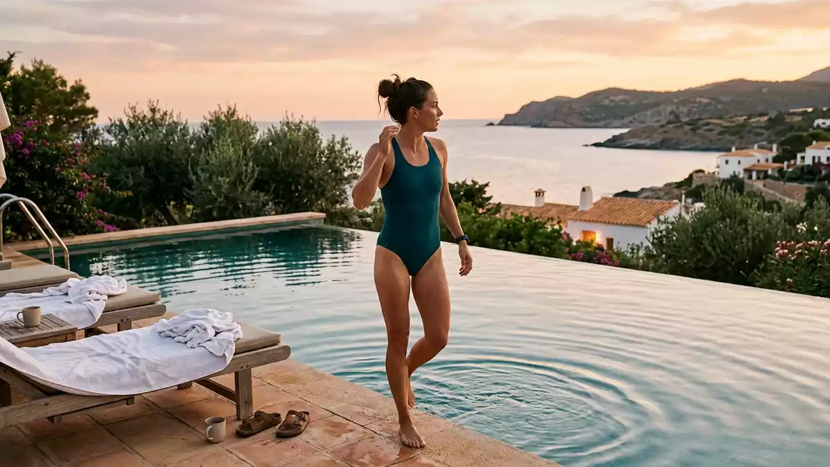 Fotorealistische Ansicht von Sportbadeanzug am Pool in warmem Abendlicht, neutral